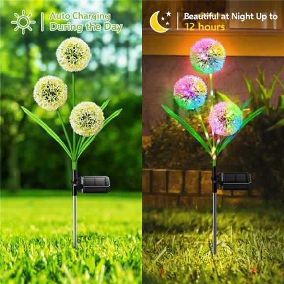 4 Pack Solar Garden Lights Outdoor Decor, New Version 12 Glowing Dandelion - Picture 4 of 8